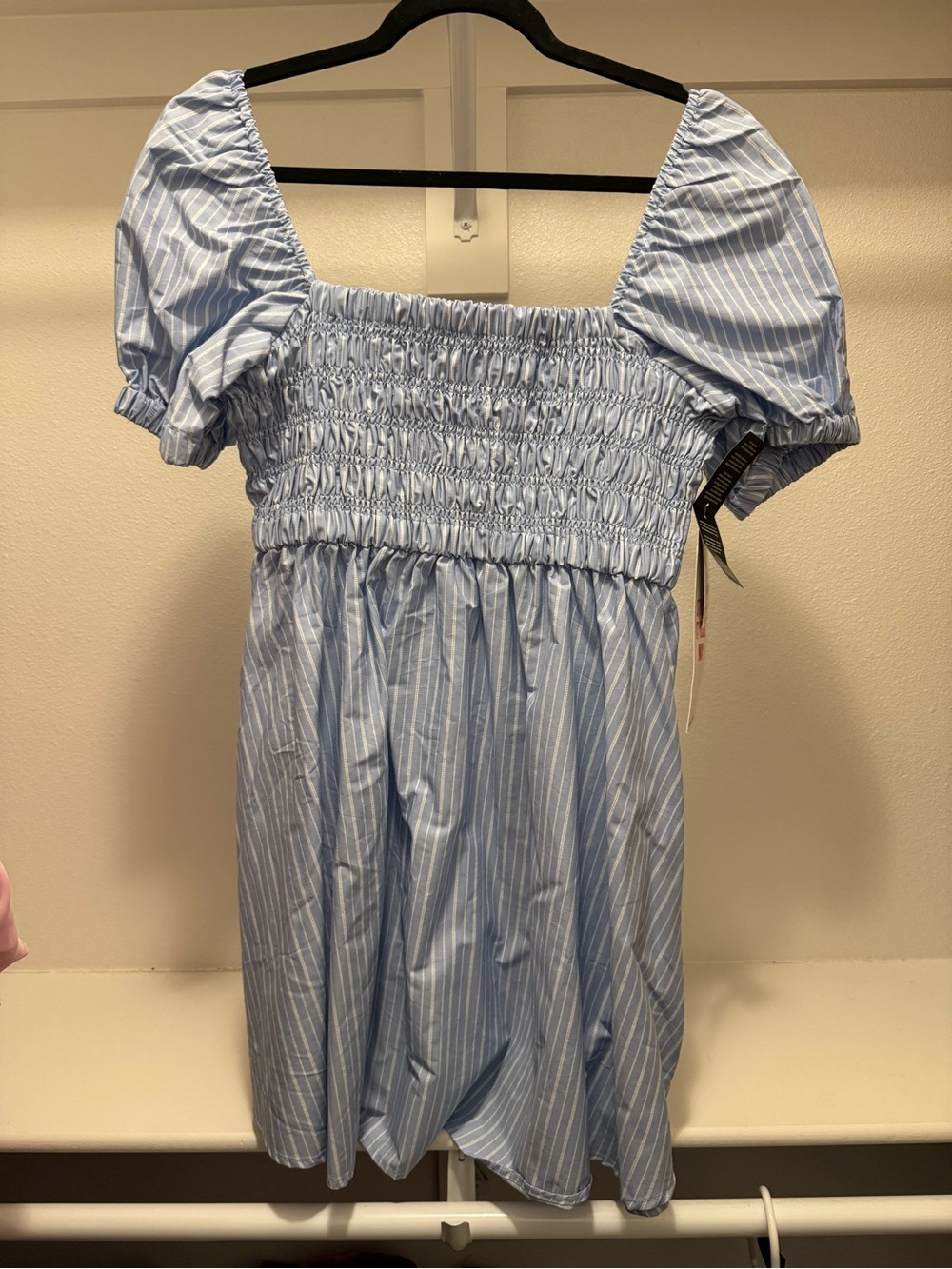 Celebrity Pink Light Blue Pinstripe Smocked Top